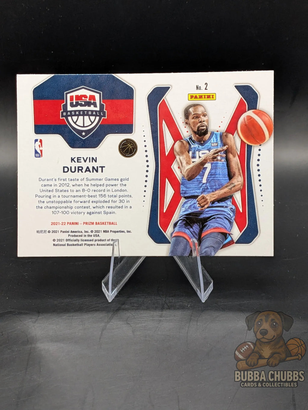 Basketball trading card of Kevin Durant with USA Basketball insert silver parallel panini prizm