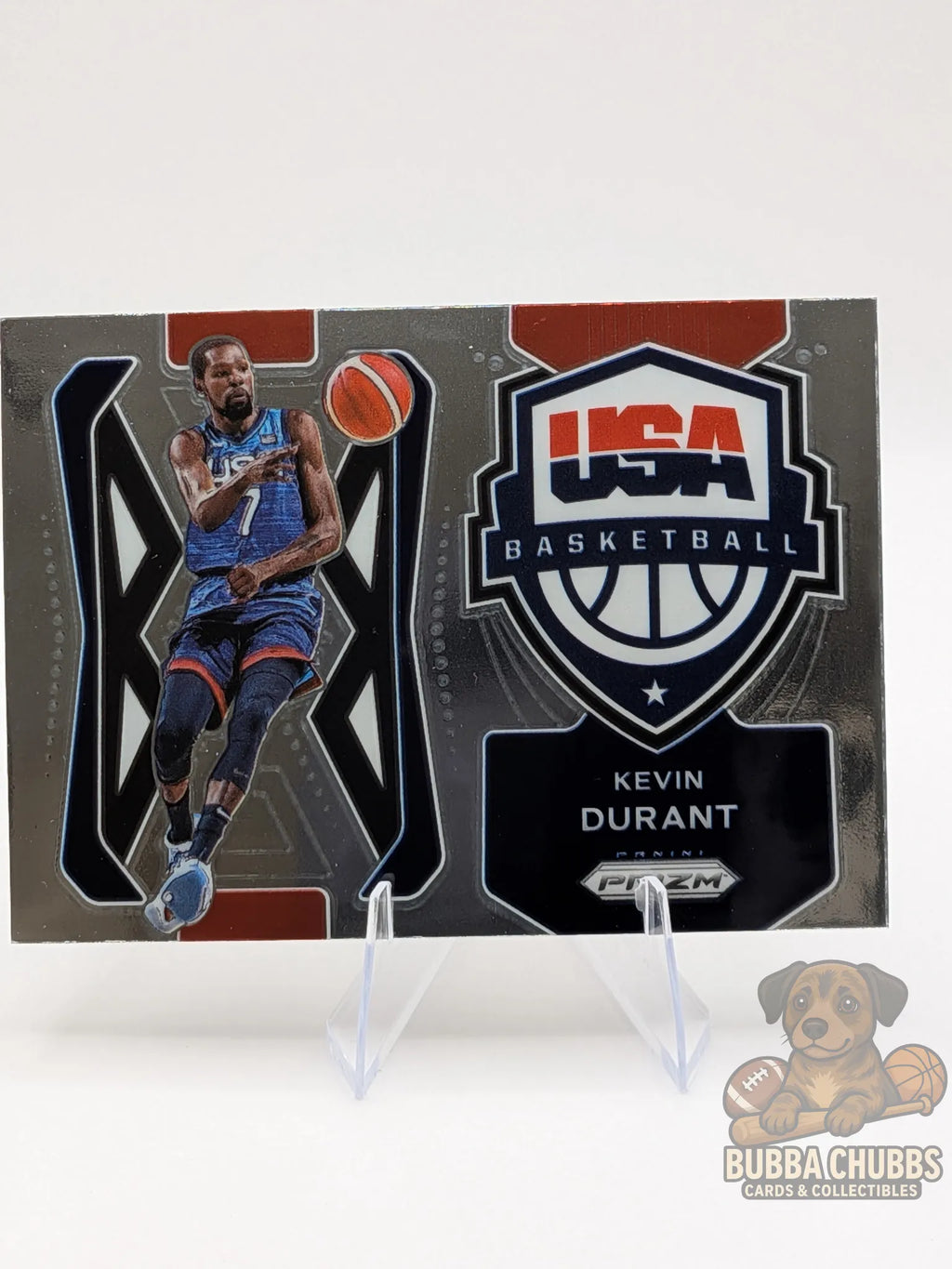 Basketball trading card of Kevin Durant with USA Basketball insert silver parallel panini prizm