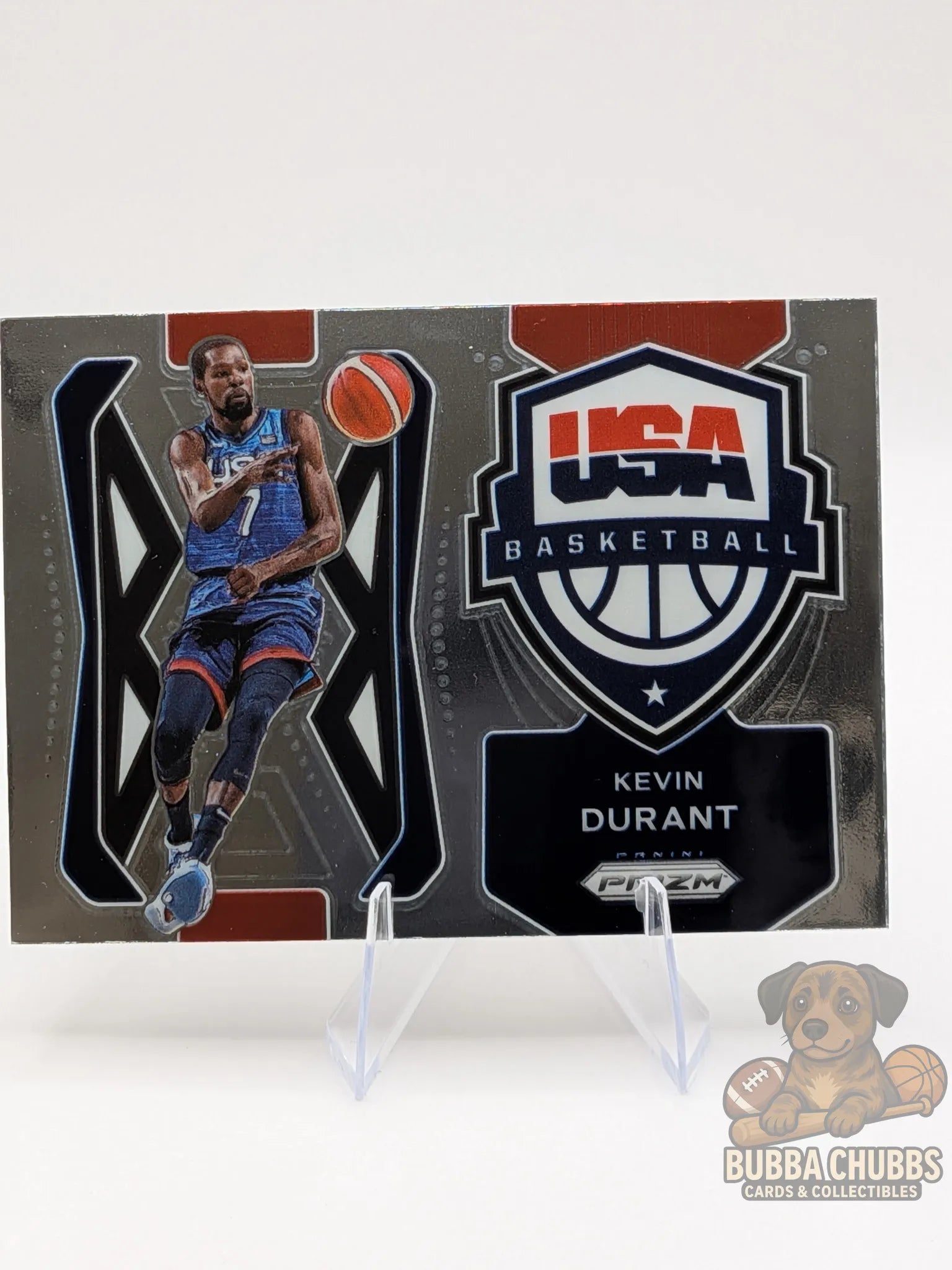Basketball trading card of Kevin Durant with USA Basketball insert silver parallel panini prizm