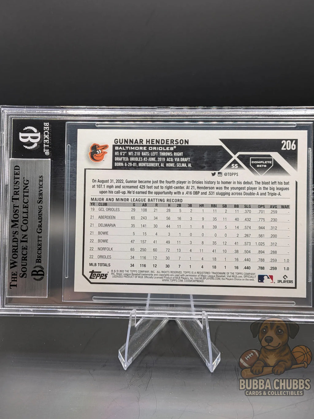 Baseball trading card of rookie  Gunnar Henderson topps complete set rookie variations bgs 9 mint