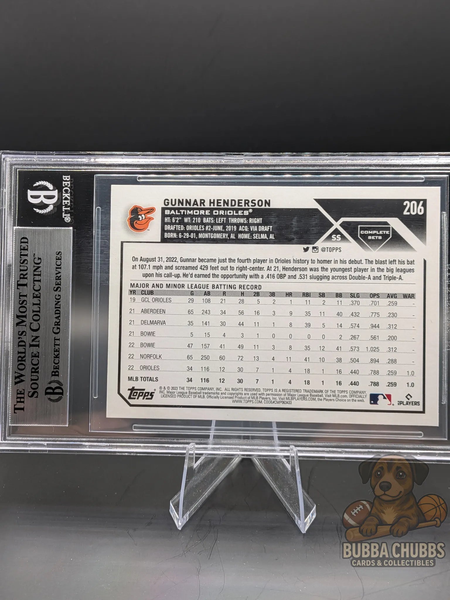 Baseball trading card of rookie  Gunnar Henderson topps complete set rookie variations bgs 9 mint