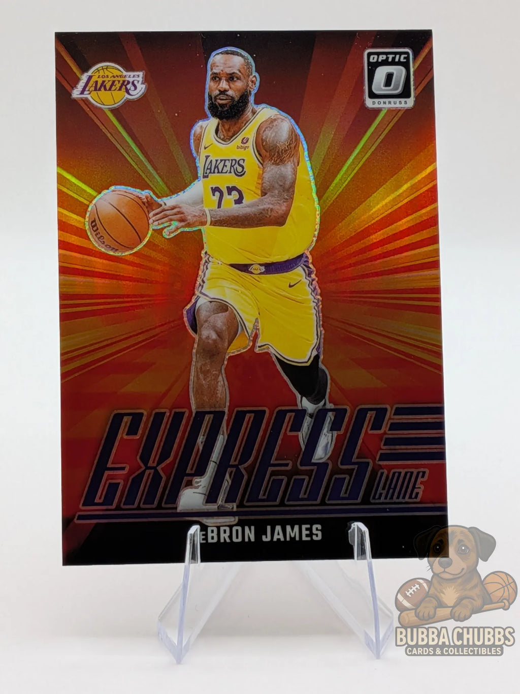 Basketball trading card of LeBron James of the LA Lakers jersey panini donruss optic express lane