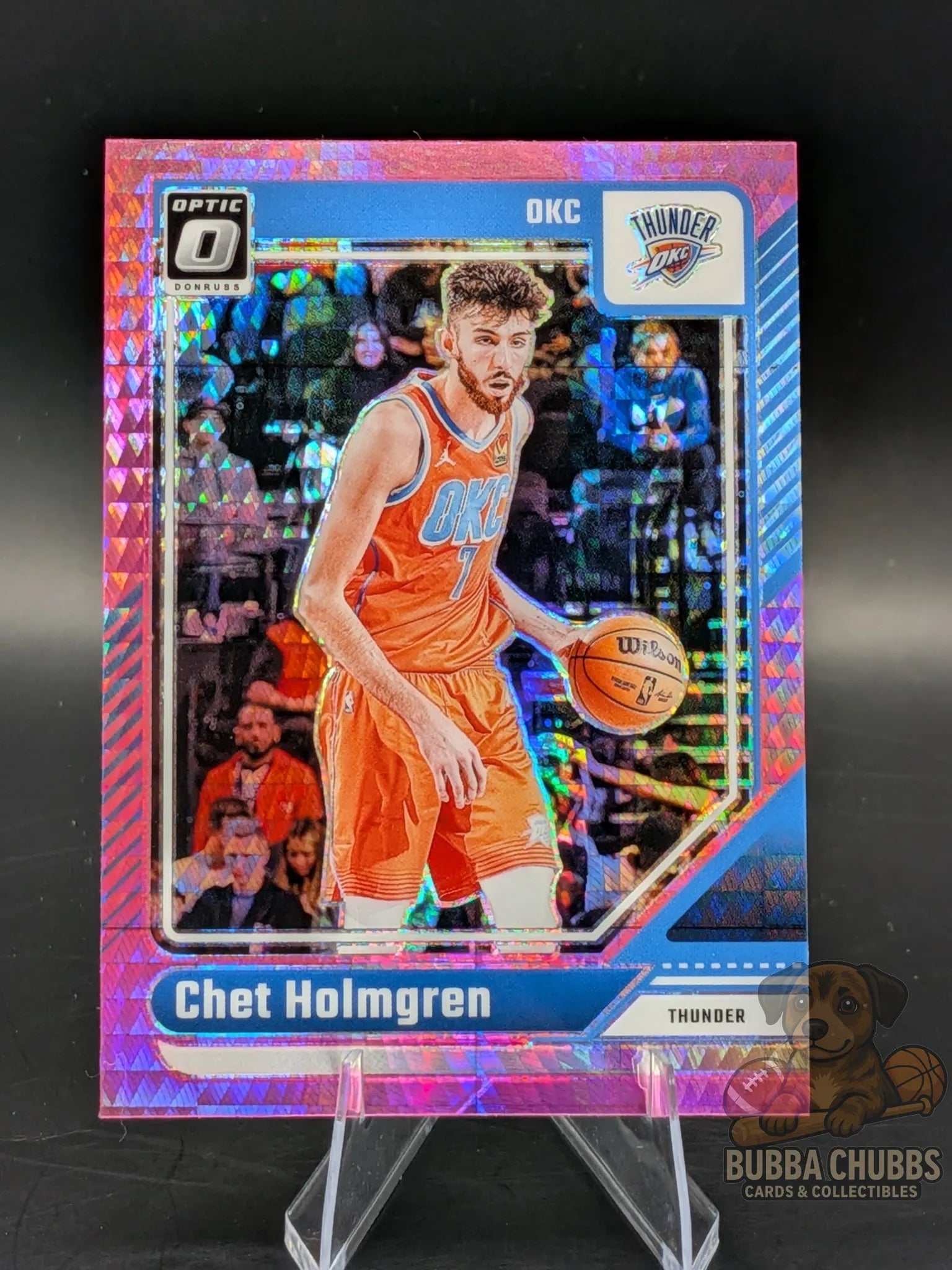 Basketball trading card of Chet Holmgren of the OKC Thunder panini donruss optic pink parallel