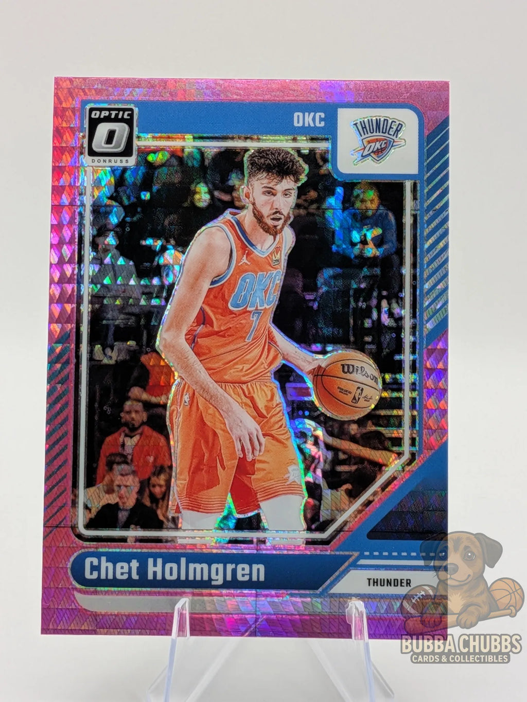 Basketball trading card of Chet Holmgren of the OKC Thunder panini donruss optic pink parallel