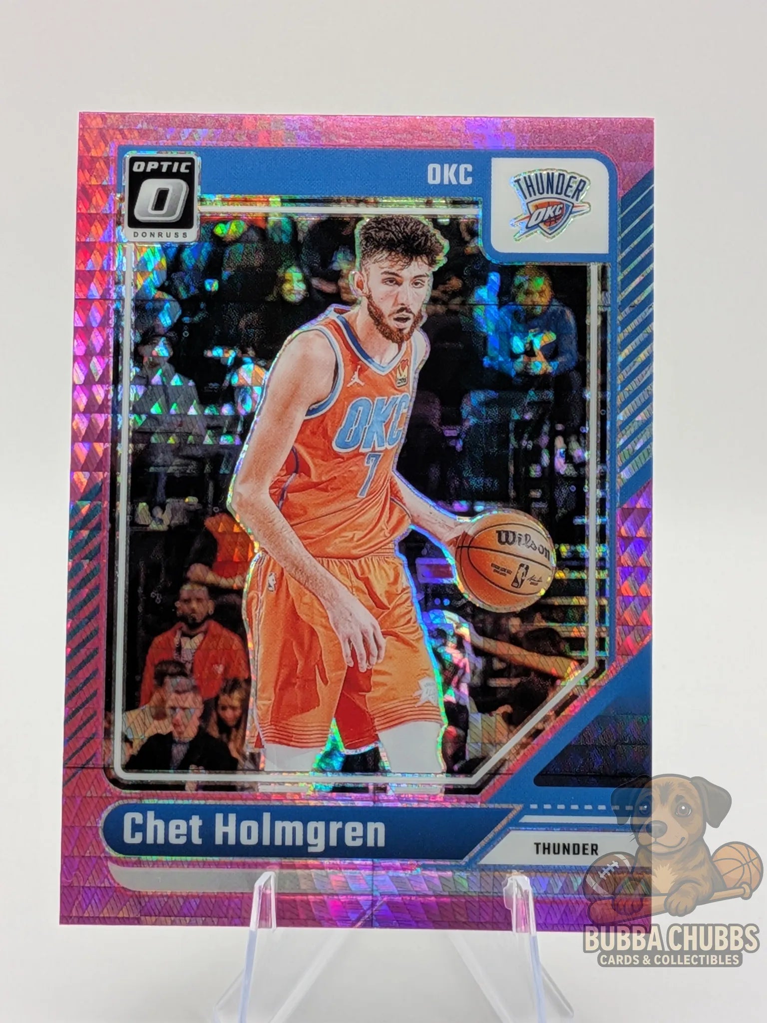 Basketball trading card of Chet Holmgren of the OKC Thunder panini donruss optic pink parallel