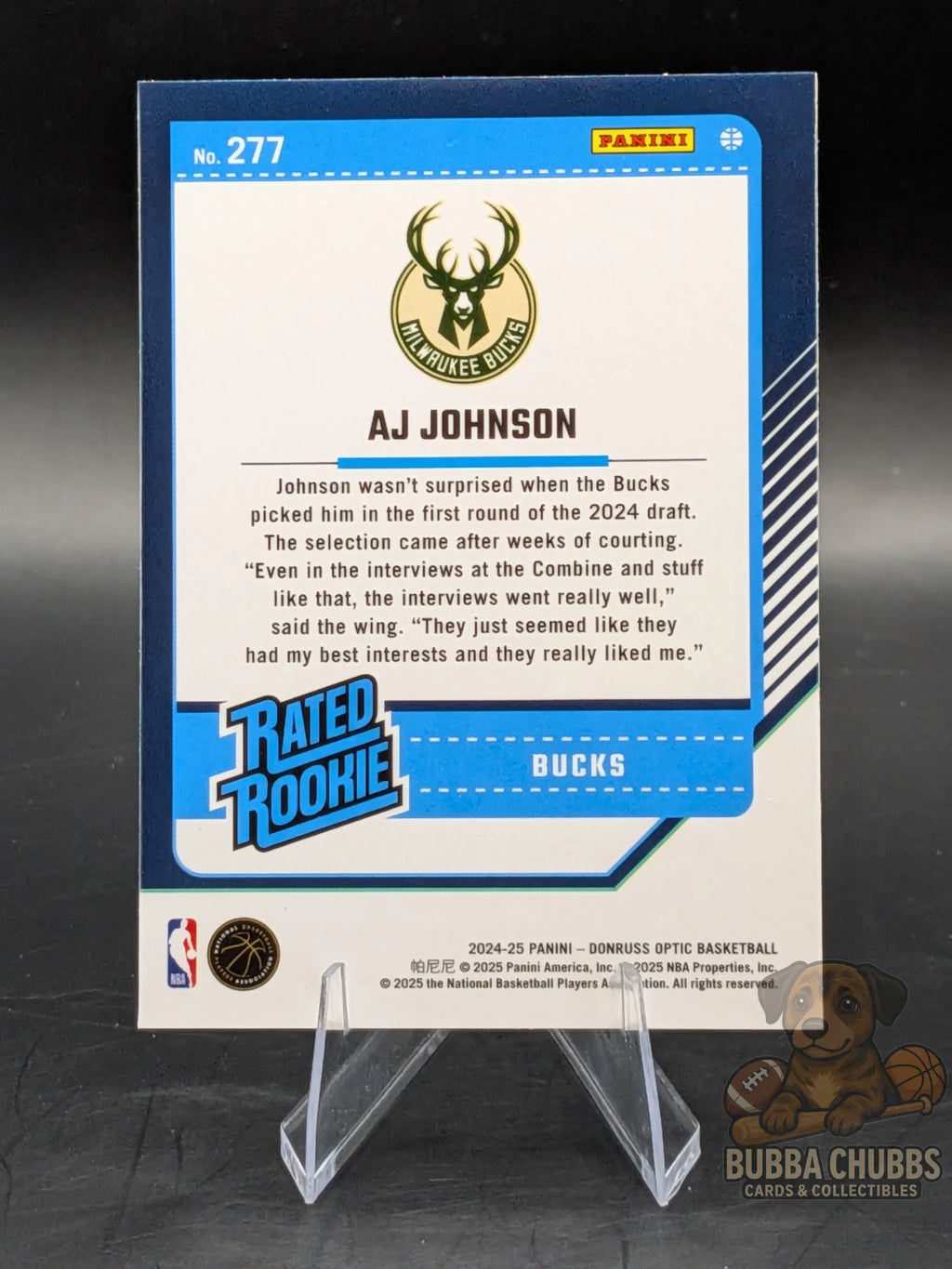 Basketball trading card of AJ Johnson of the Milwaukee Bucks panini donruss  optic rated rookie