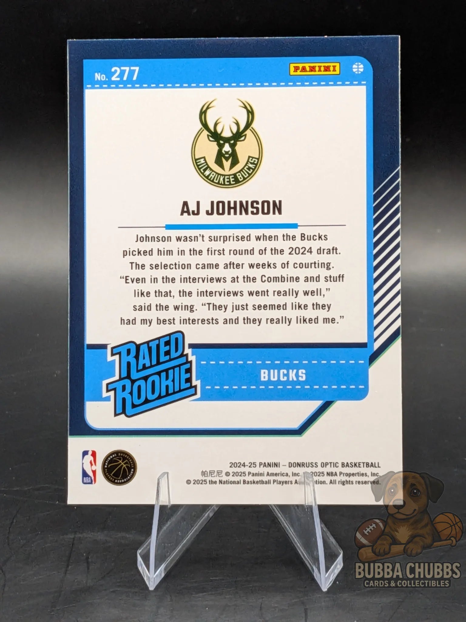 Basketball trading card of AJ Johnson of the Milwaukee Bucks panini donruss  optic rated rookie