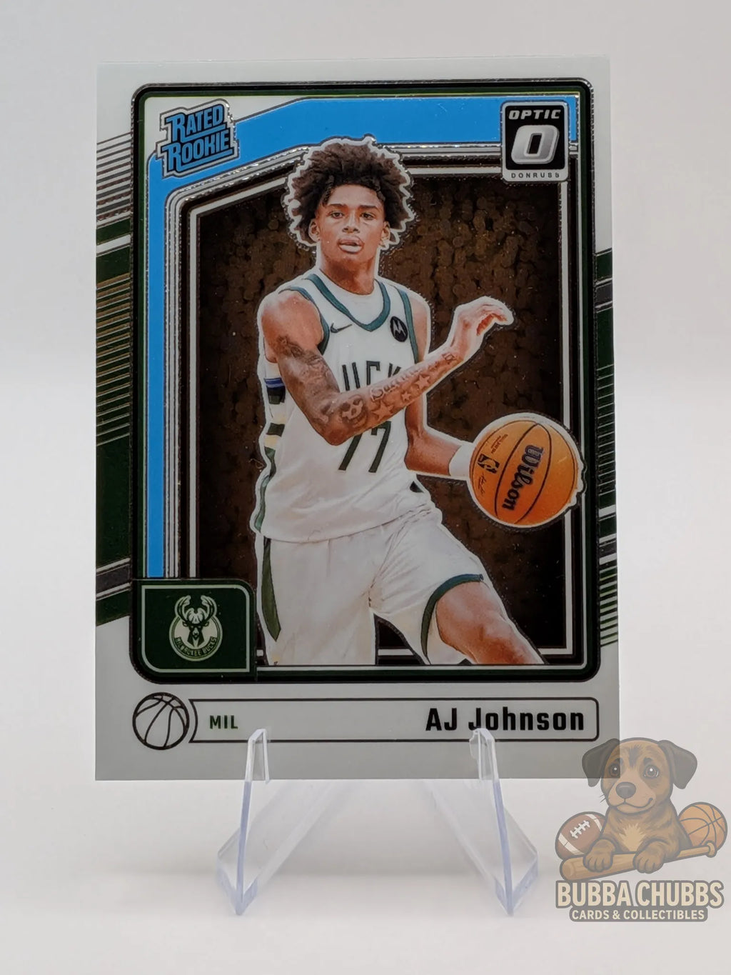 Basketball trading card of AJ Johnson of the Milwaukee Bucks panini donruss  optic rated rookie