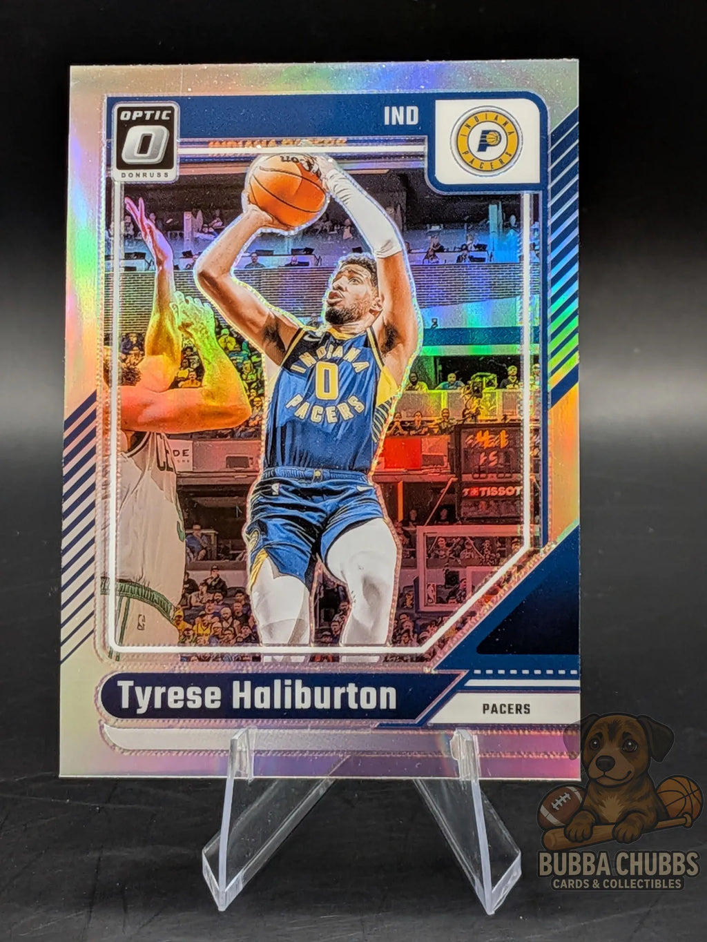 Basketball trading card of Tyrese Haliburton of the Indiana Pacers panini donruss optic