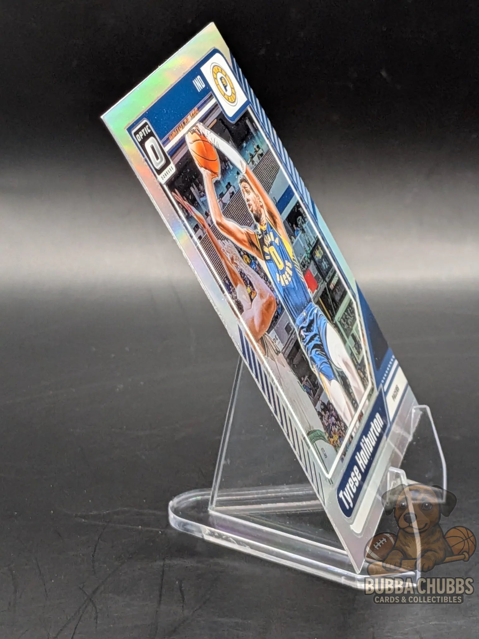 Basketball trading card of Tyrese Haliburton of the Indiana Pacers panini donruss optic