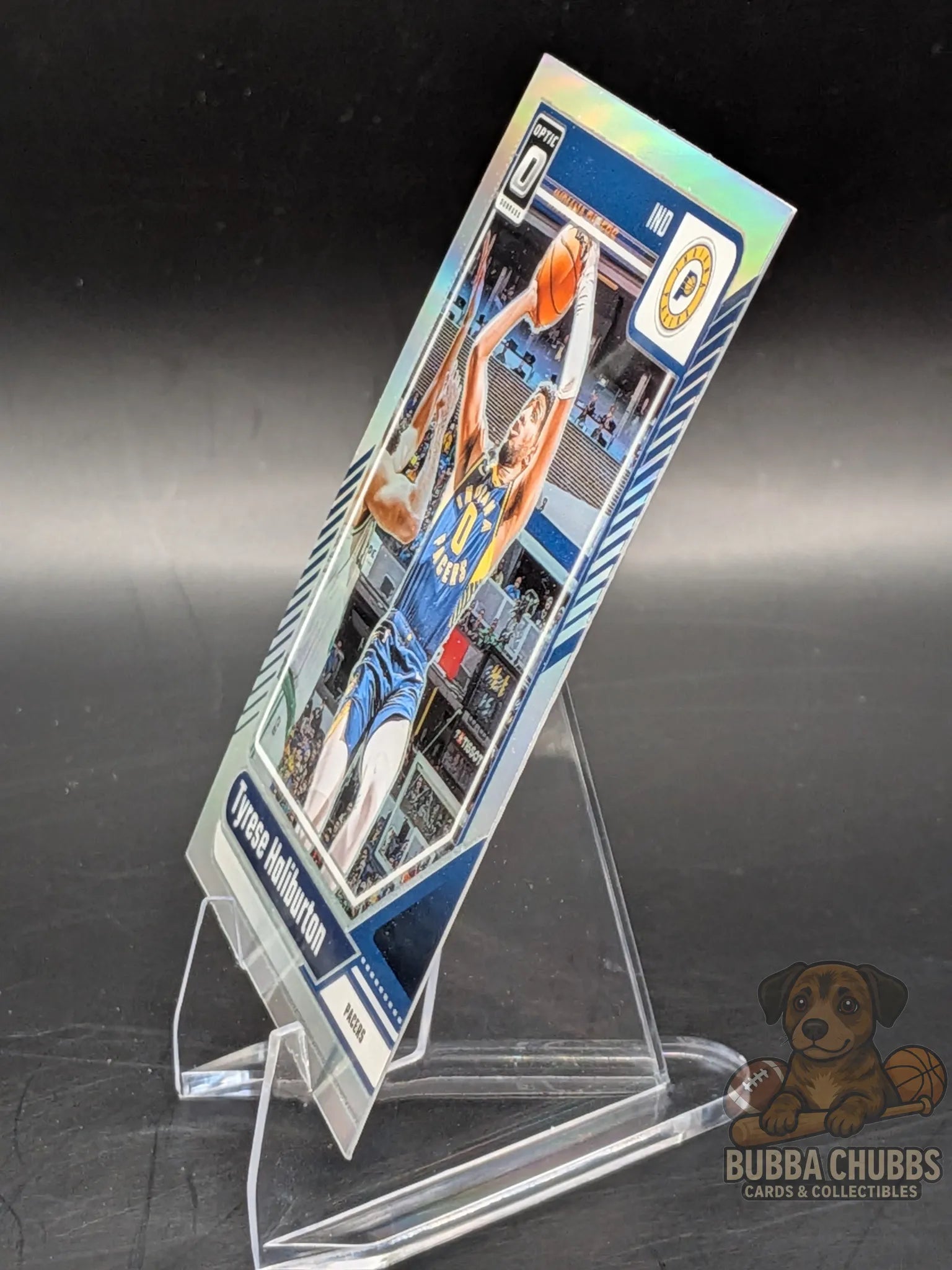 Basketball trading card of Tyrese Haliburton of the Indiana Pacers panini donruss optic
