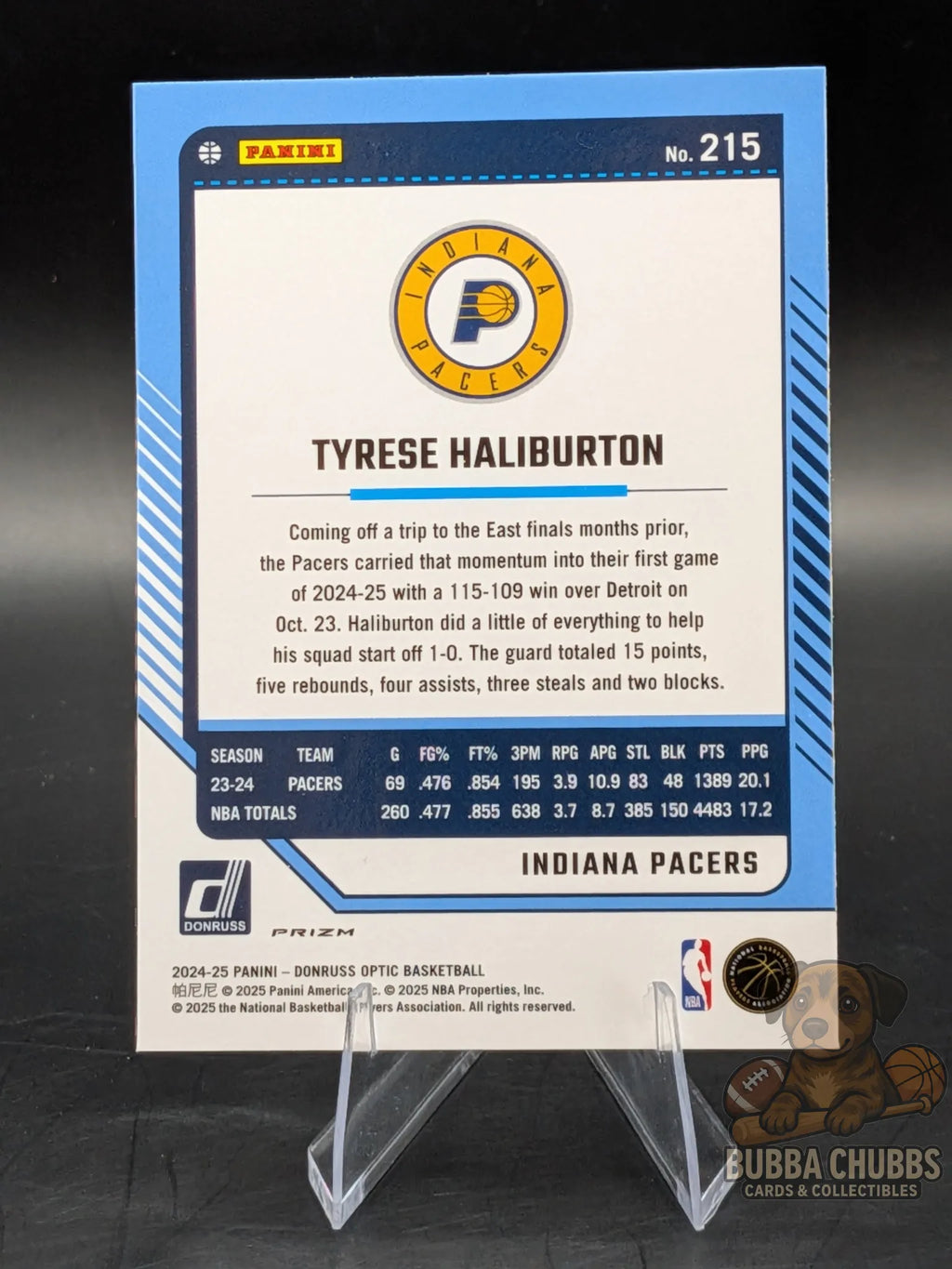 Basketball trading card of Tyrese Haliburton of the Indiana Pacers panini donruss optic