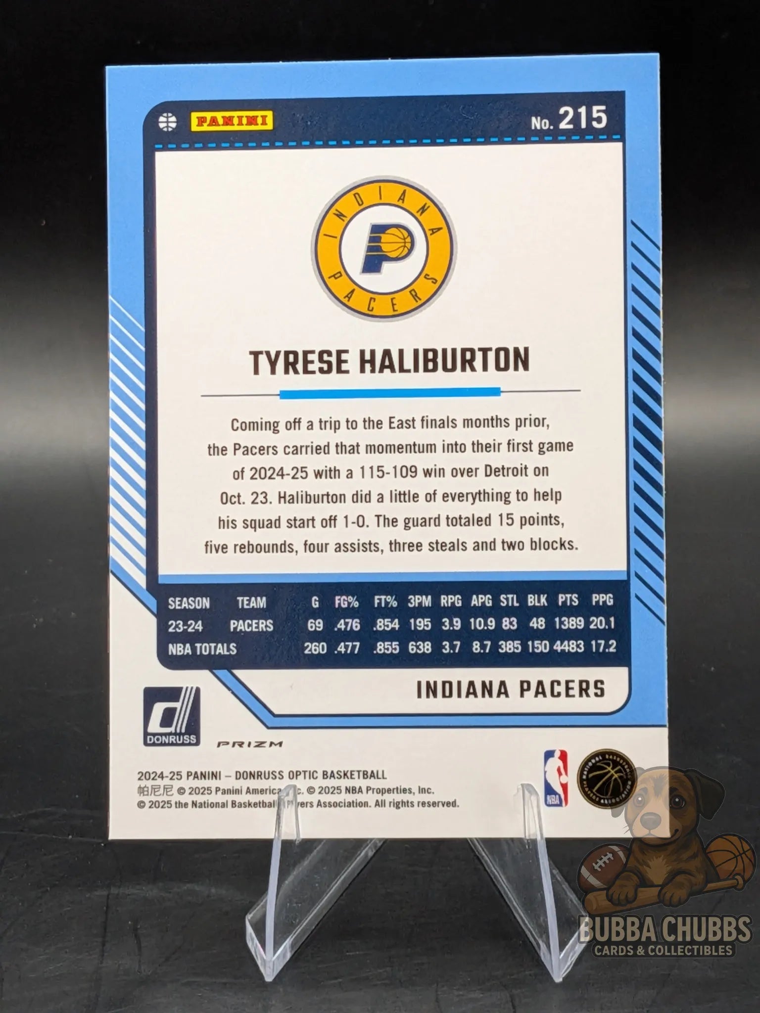 Basketball trading card of Tyrese Haliburton of the Indiana Pacers panini donruss optic
