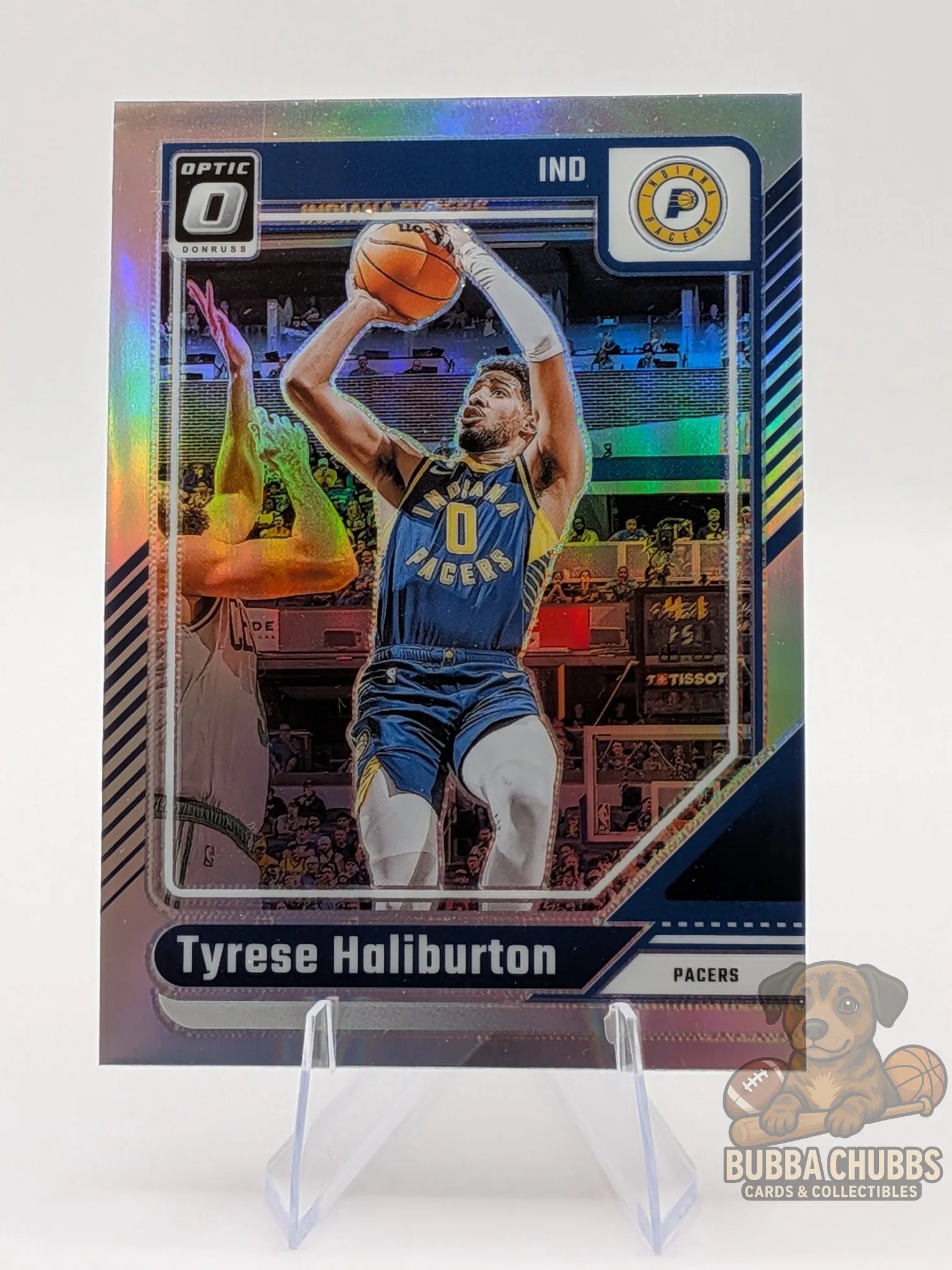 Basketball trading card of Tyrese Haliburton of the Indiana Pacers panini donruss optic