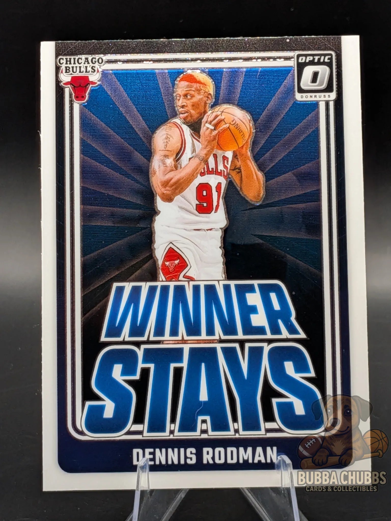 Basketball trading card of Dennis Rodman of the Chicago Bulls panini donruss optic Winner Stays