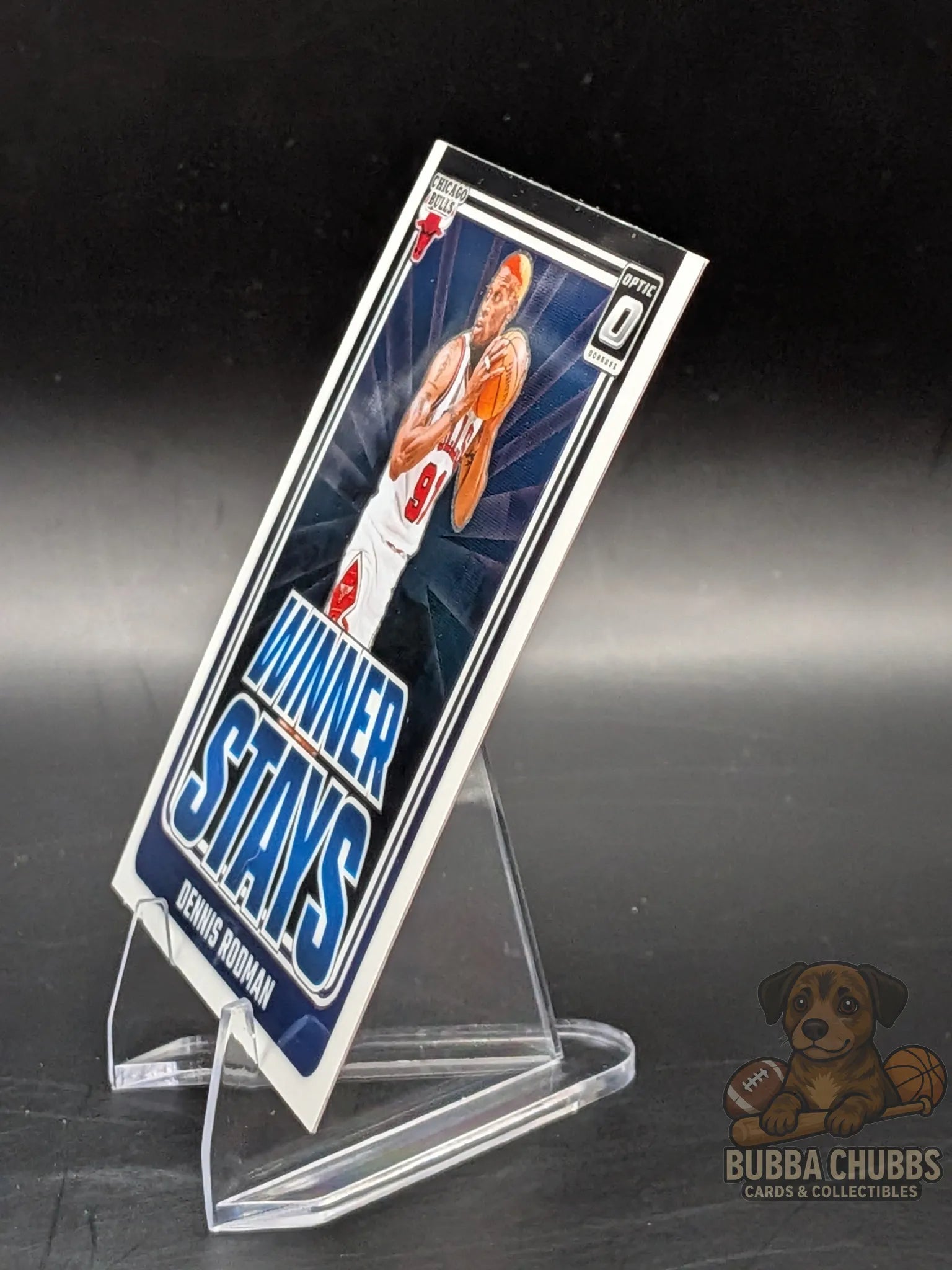 Basketball trading card of Dennis Rodman of the Chicago Bulls panini donruss optic Winner Stays
