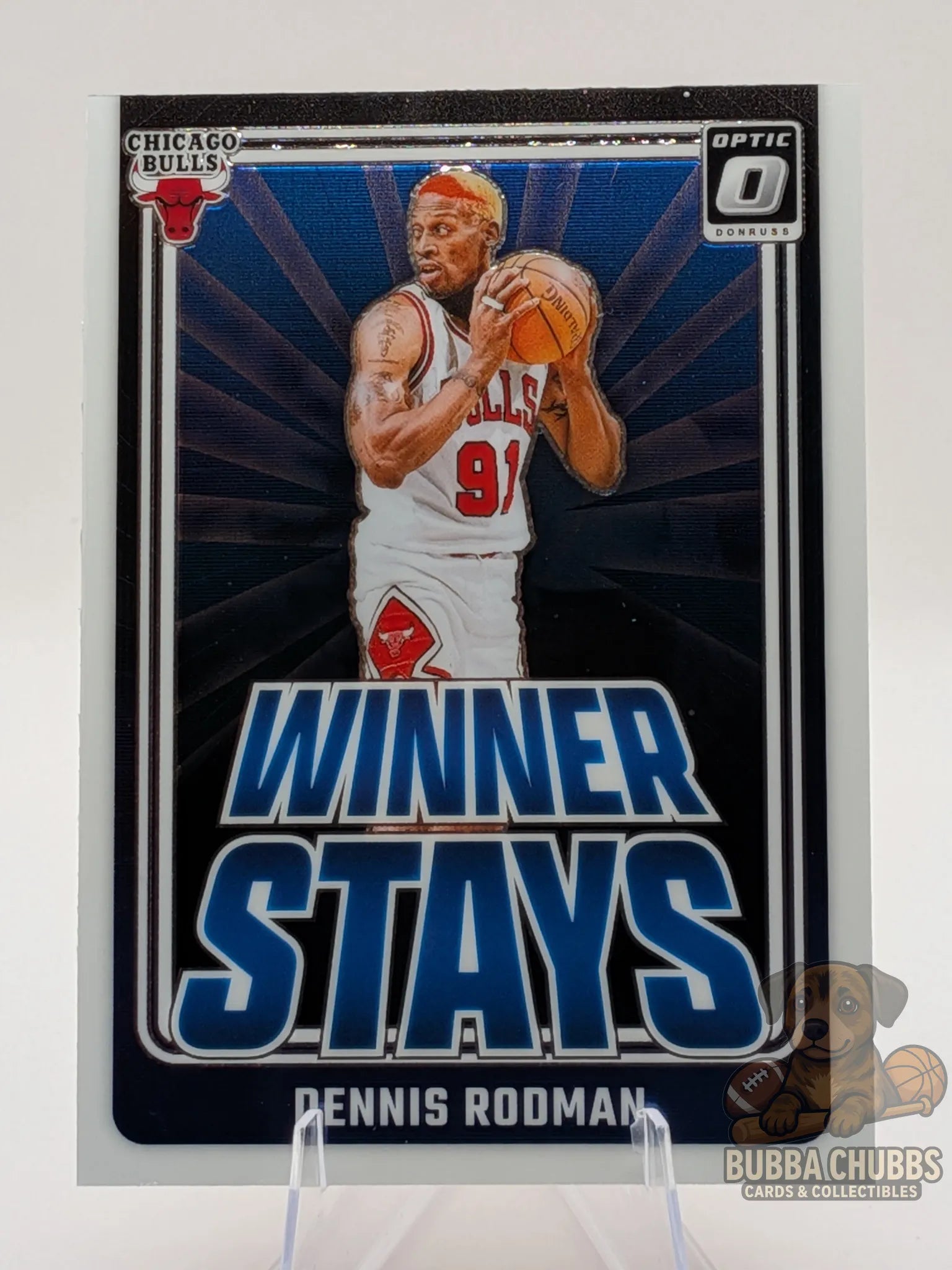 Basketball trading card of Dennis Rodman of the Chicago Bulls panini donruss optic Winner Stays