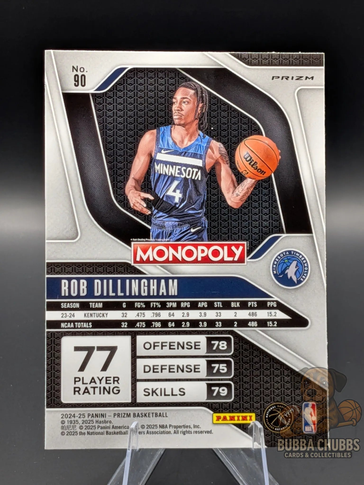 Basketball trading card featuring a basketball player rookie rob dillingham of the minnesota timberwolves panini prizm monopoly red shimmer parallel 