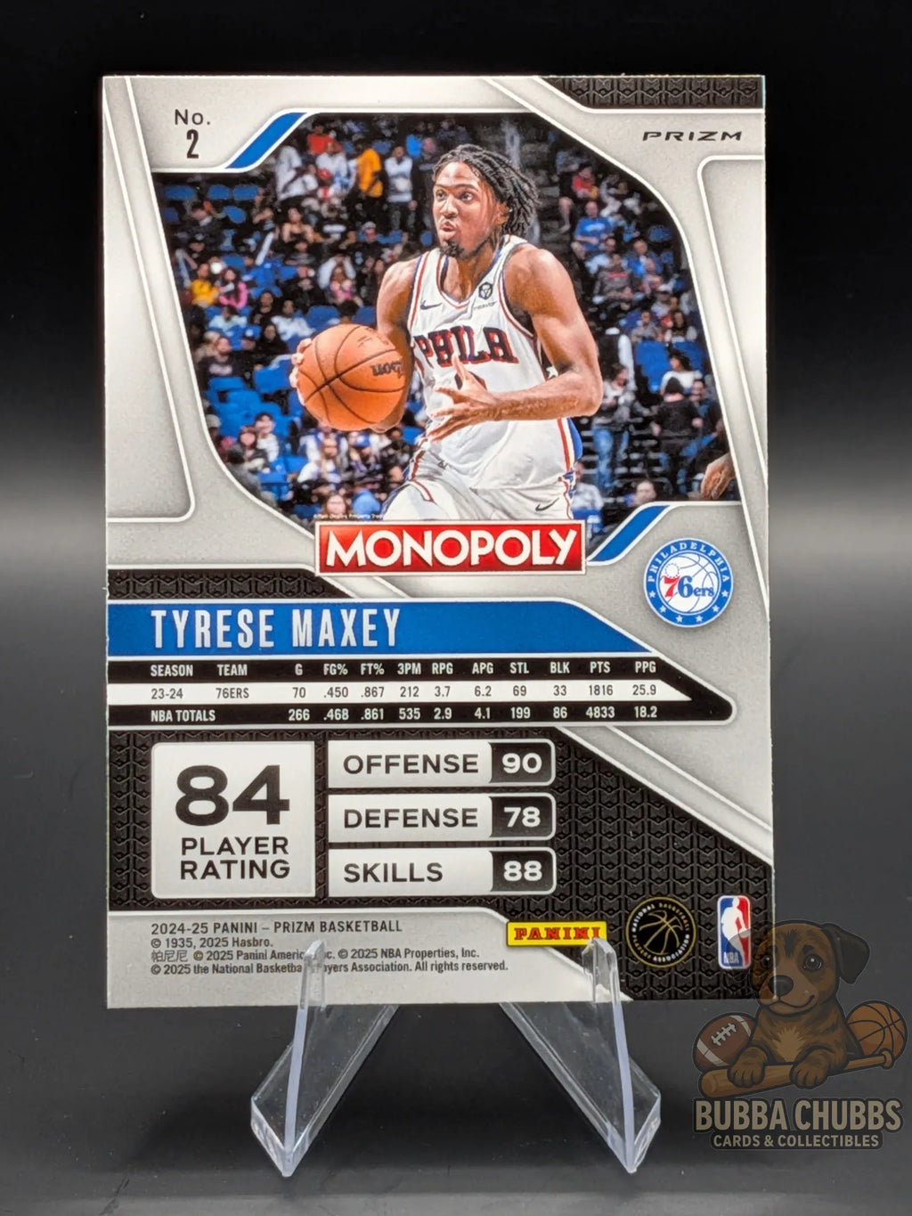 Basketball trading card of Tyrese Maxey of the Philadelphia 76ers. panini prizm monopoly red parallel