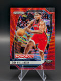 Basketball trading card of Zion Williamson of the New Orleans Pelicans panini prizm monopoly red parallel 