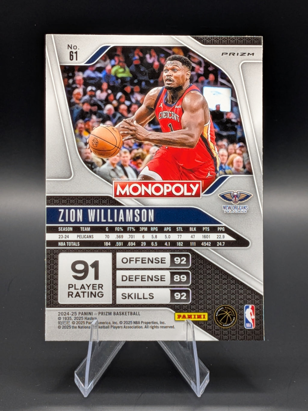 Basketball trading card of Zion Williamson of the New Orleans Pelicans panini prizm monopoly red parallel 