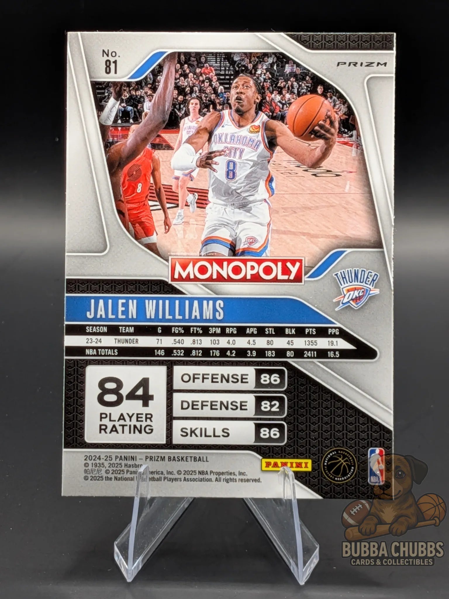 Basketball trading card featuring Jalen Williams of the Oklahoma City Thunder panini prizm monopoly red shimmer parallel