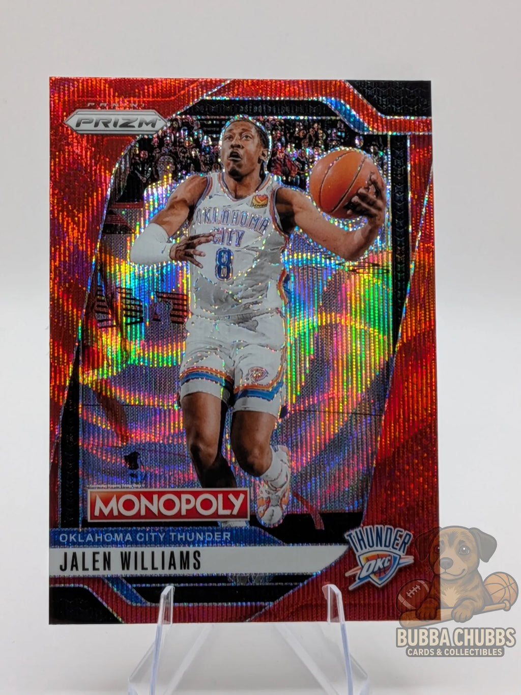 Basketball trading card featuring Jalen Williams of the Oklahoma City Thunder panini prizm monopoly red shimmer parallel