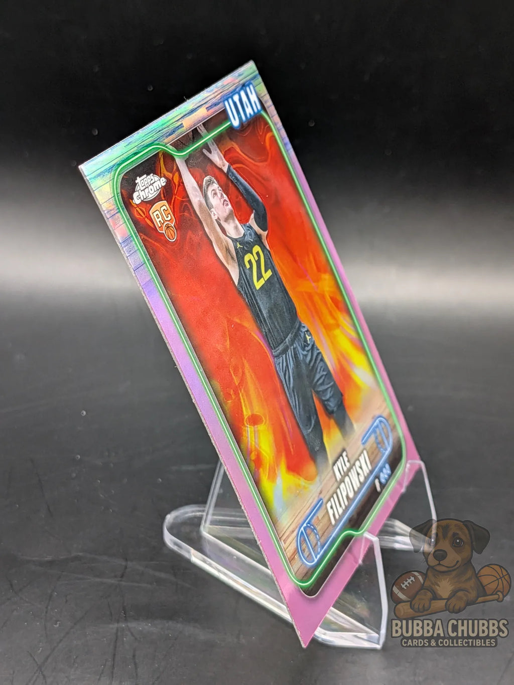 Basketball trading card of rookie Kyle Filipowski topps chrome pink rainbow parallel