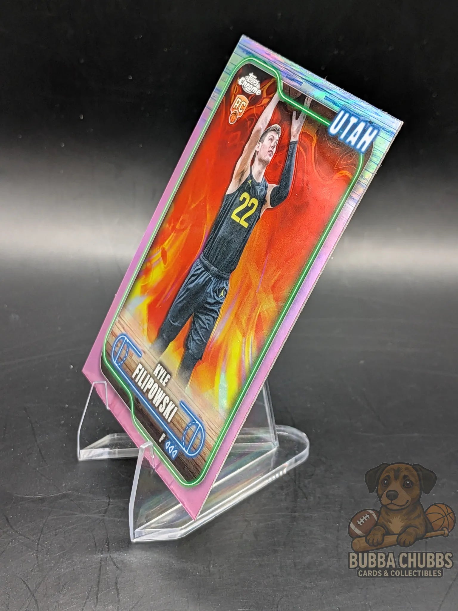 Basketball trading card of rookie Kyle Filipowski topps chrome pink rainbow parallel