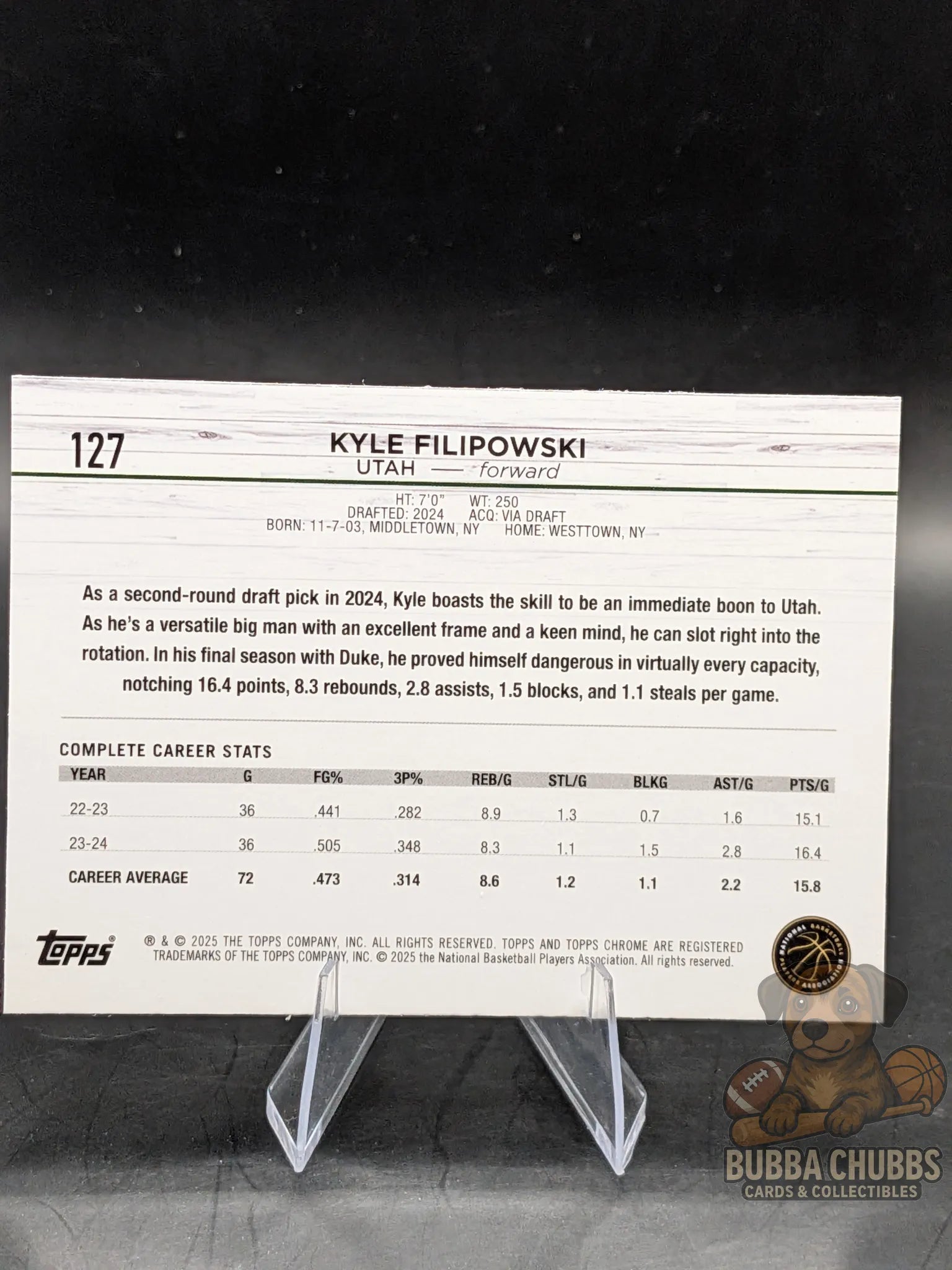 Basketball trading card of rookie Kyle Filipowski topps chrome pink rainbow parallel