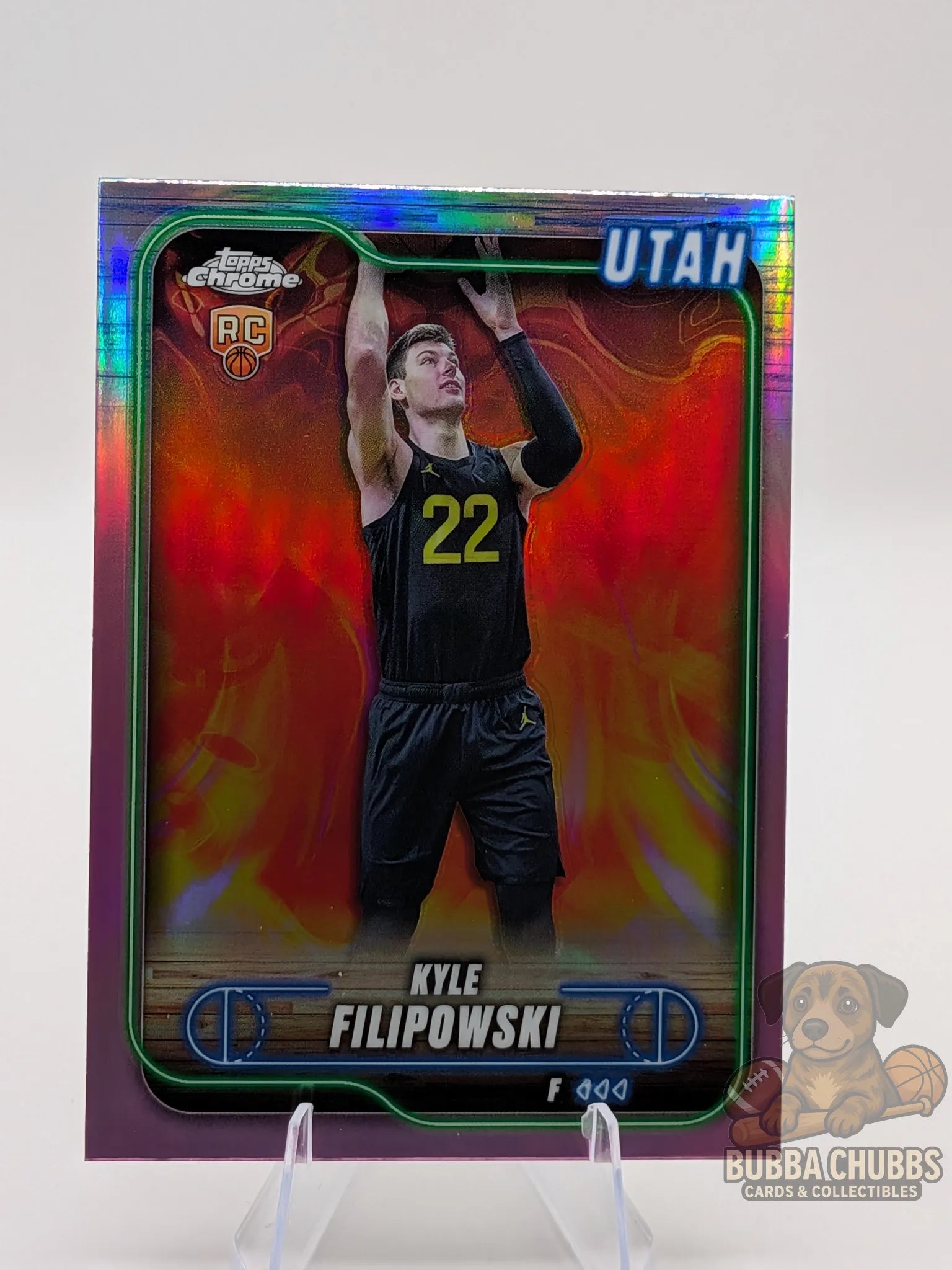 Basketball trading card of rookie Kyle Filipowski topps chrome pink rainbow parallel