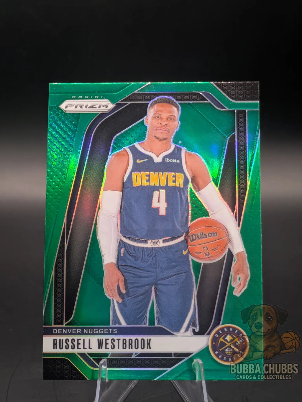 Basketball trading card featuring Russell Westbrook of the Denver Nuggets Panini Prizm Green Parallel
