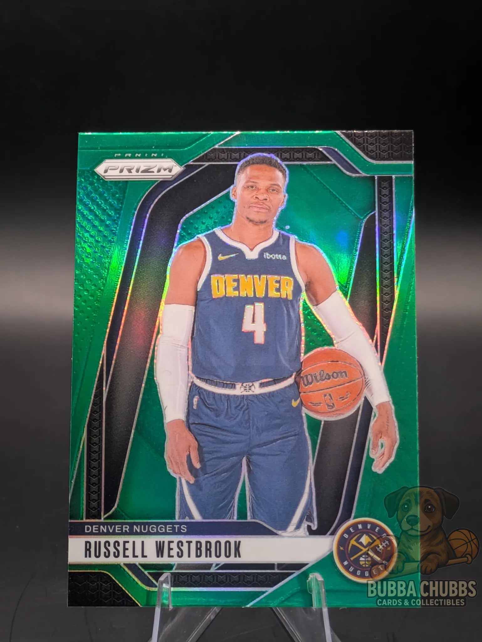 Basketball trading card featuring Russell Westbrook of the Denver Nuggets Panini Prizm Green Parallel