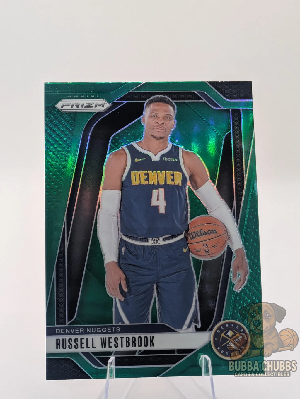 Basketball trading card featuring Russell Westbrook of the Denver Nuggets Panini Prizm Green Parallel