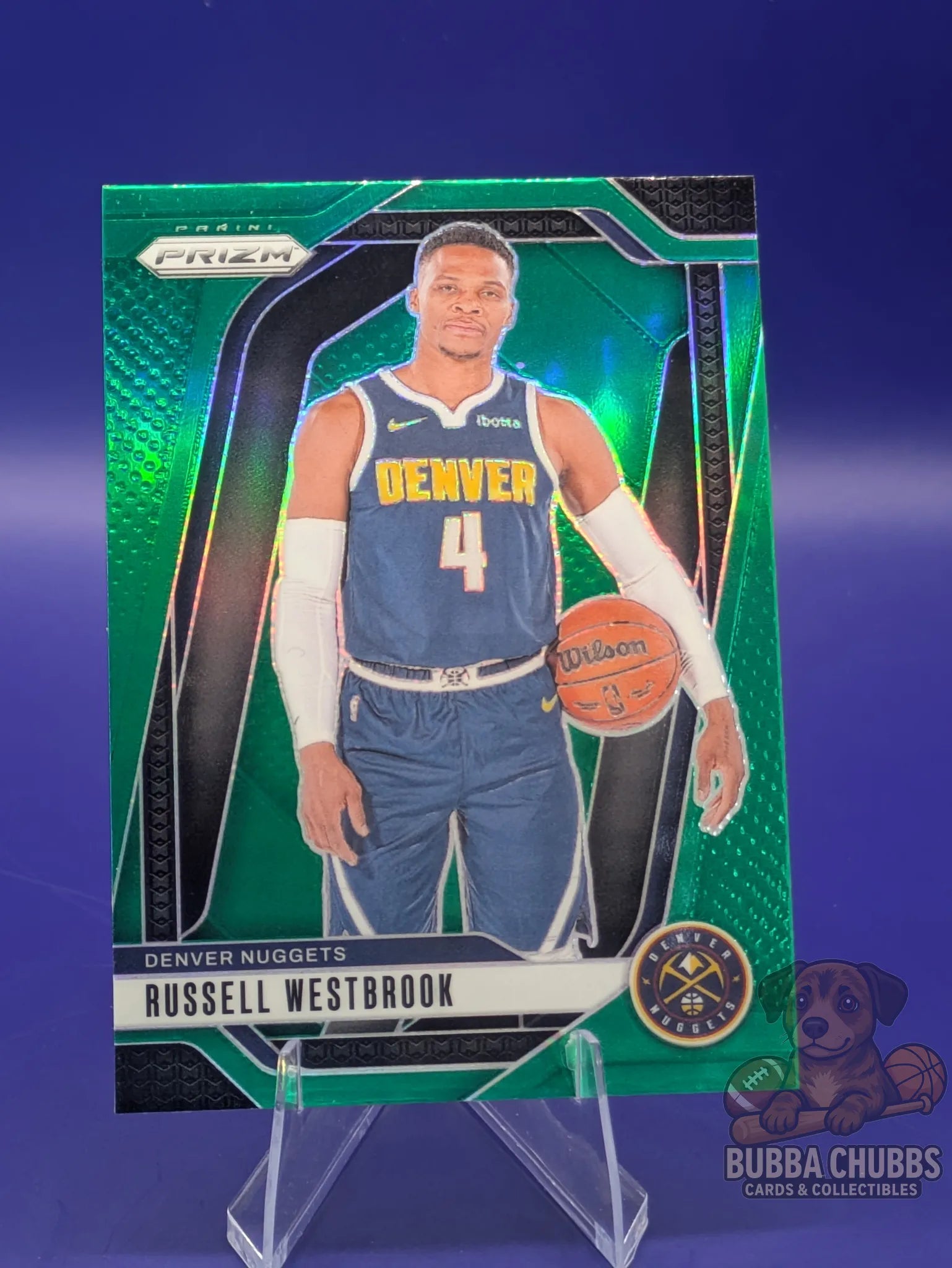 Basketball trading card featuring Russell Westbrook of the Denver Nuggets Panini Prizm Green Parallel