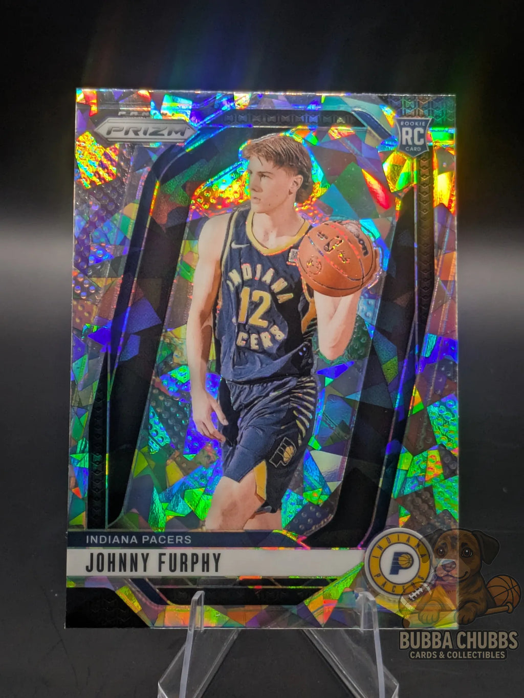 Basketball rookie trading card featuring Johnny Furphy of the Indiana Pacers Panini Prizm Silver Cracked Ice