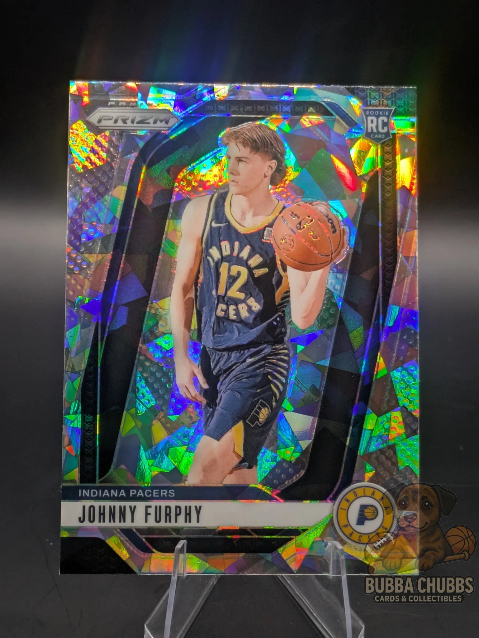 Basketball rookie trading card featuring Johnny Furphy of the Indiana Pacers Panini Prizm Silver Cracked Ice