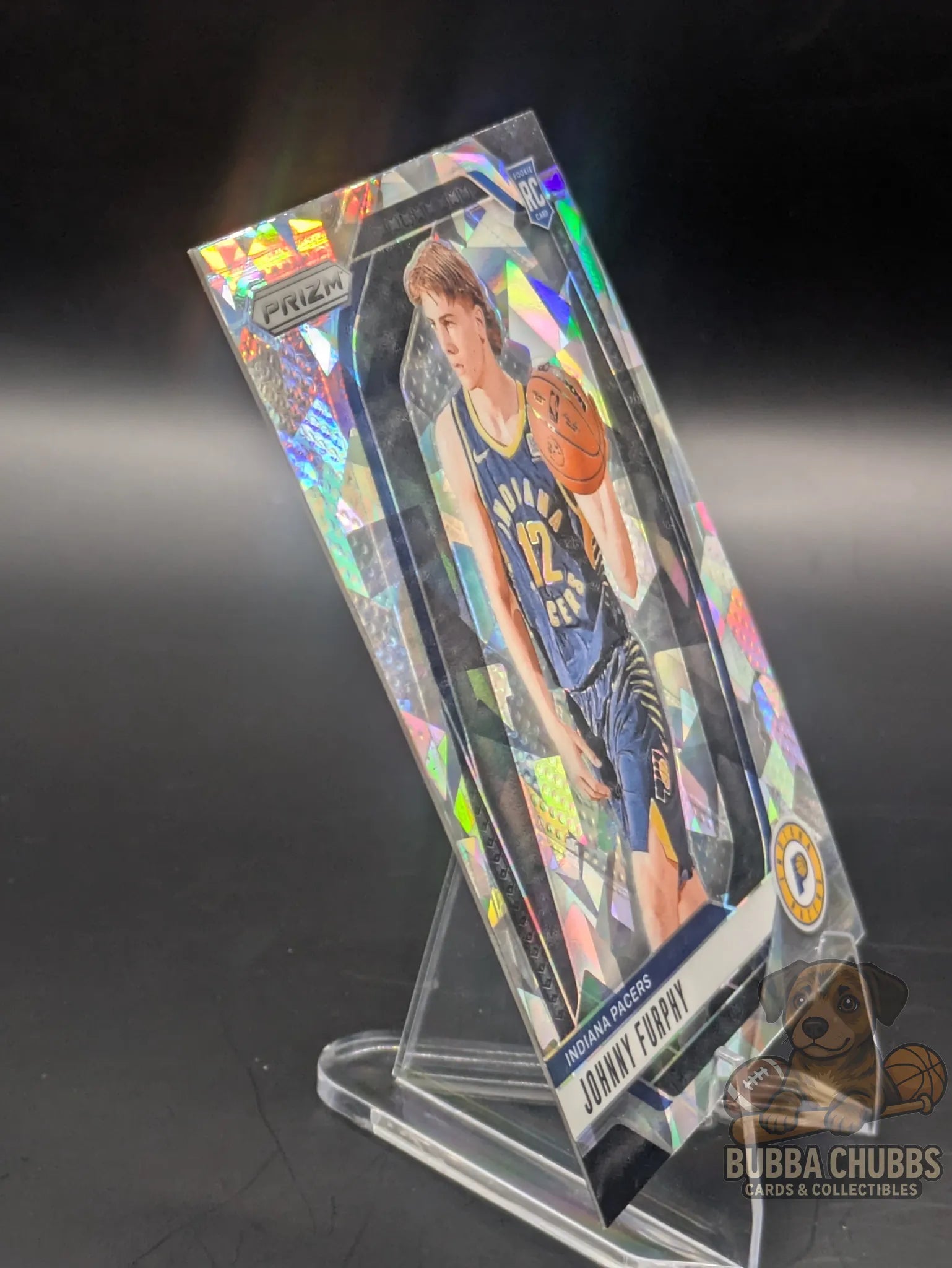 Basketball rookie trading card featuring Johnny Furphy of the Indiana Pacers Panini Prizm Silver Cracked Ice