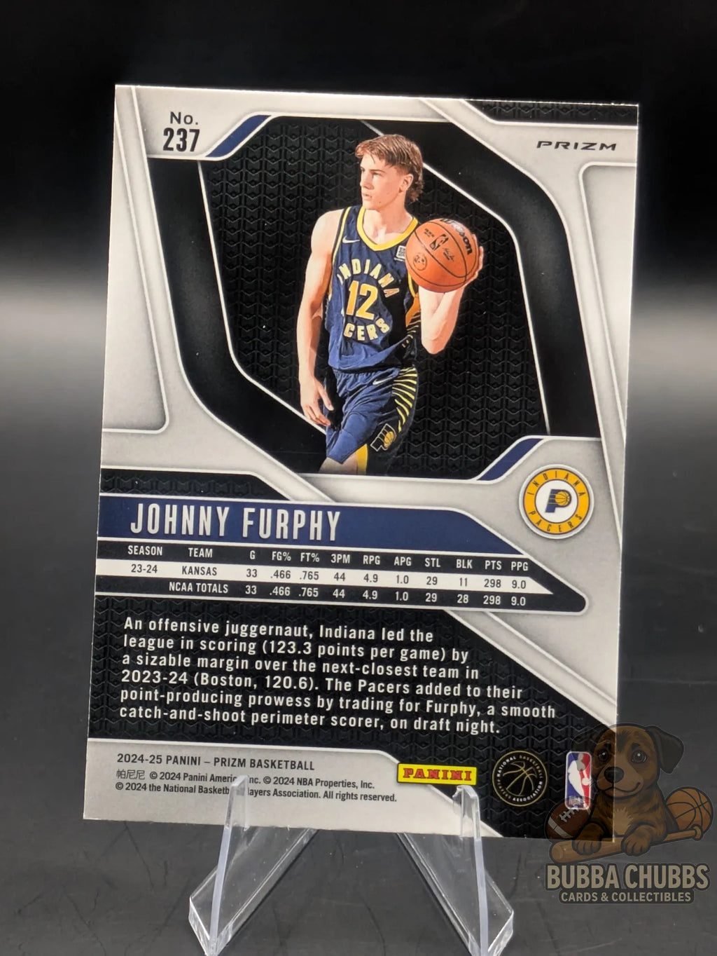 Basketball rookie trading card featuring Johnny Furphy of the Indiana Pacers Panini Prizm Silver Cracked Ice