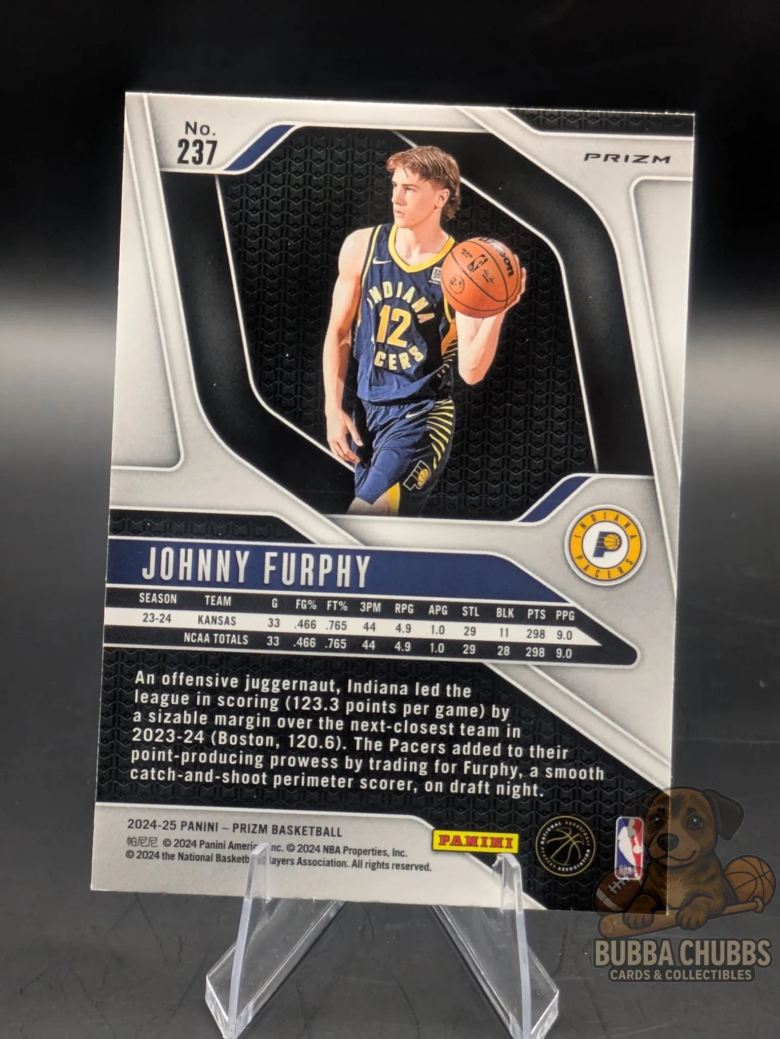 Basketball rookie trading card featuring Johnny Furphy of the Indiana Pacers Panini Prizm Silver Cracked Ice
