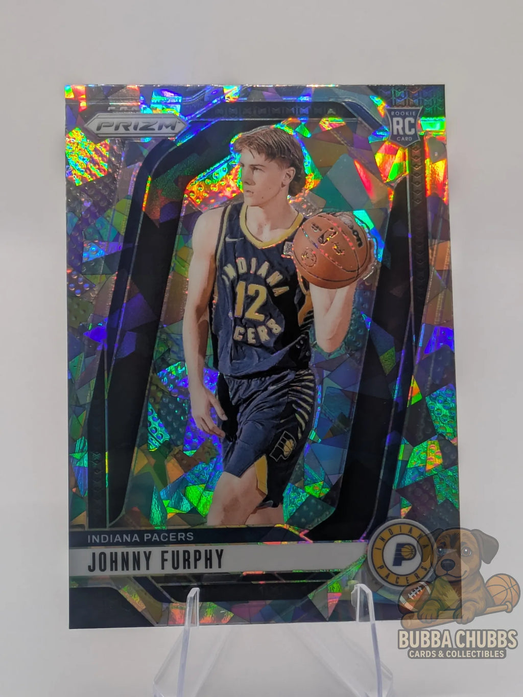 Basketball rookie trading card featuring Johnny Furphy of the Indiana Pacers Panini Prizm Silver Cracked Ice