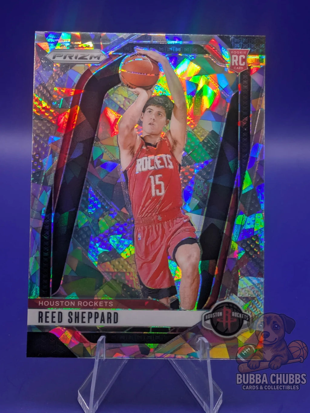 Basketball rookie trading card featuring Reed Sheppard of the Houston Rockets Panini Prizm Silver Cracked Ice