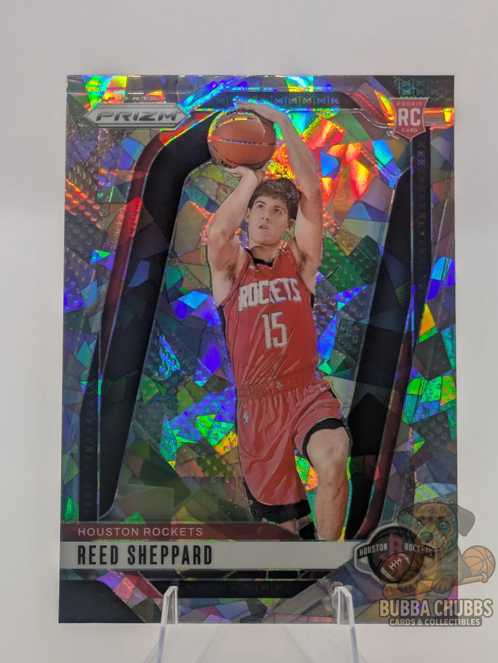 Basketball rookie trading card featuring Reed Sheppard of the Houston Rockets Panini Prizm Silver Cracked Ice