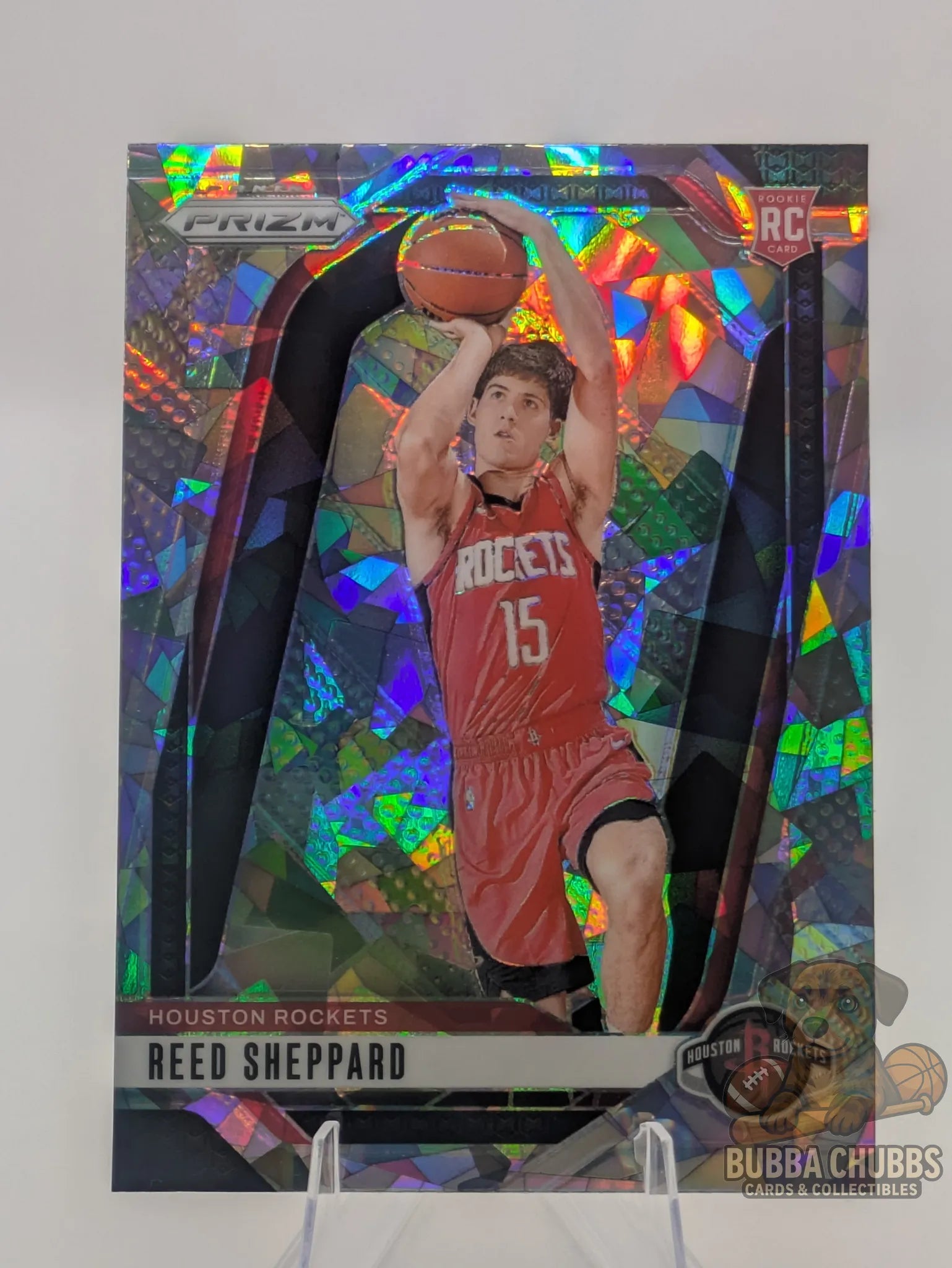 Basketball rookie trading card featuring Reed Sheppard of the Houston Rockets Panini Prizm Silver Cracked Ice