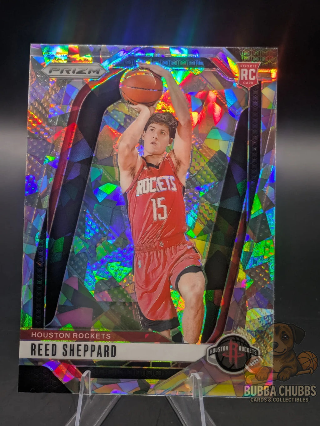 Basketball rookie trading card featuring Reed Sheppard of the Houston Rockets Panini Prizm Silver Cracked Ice