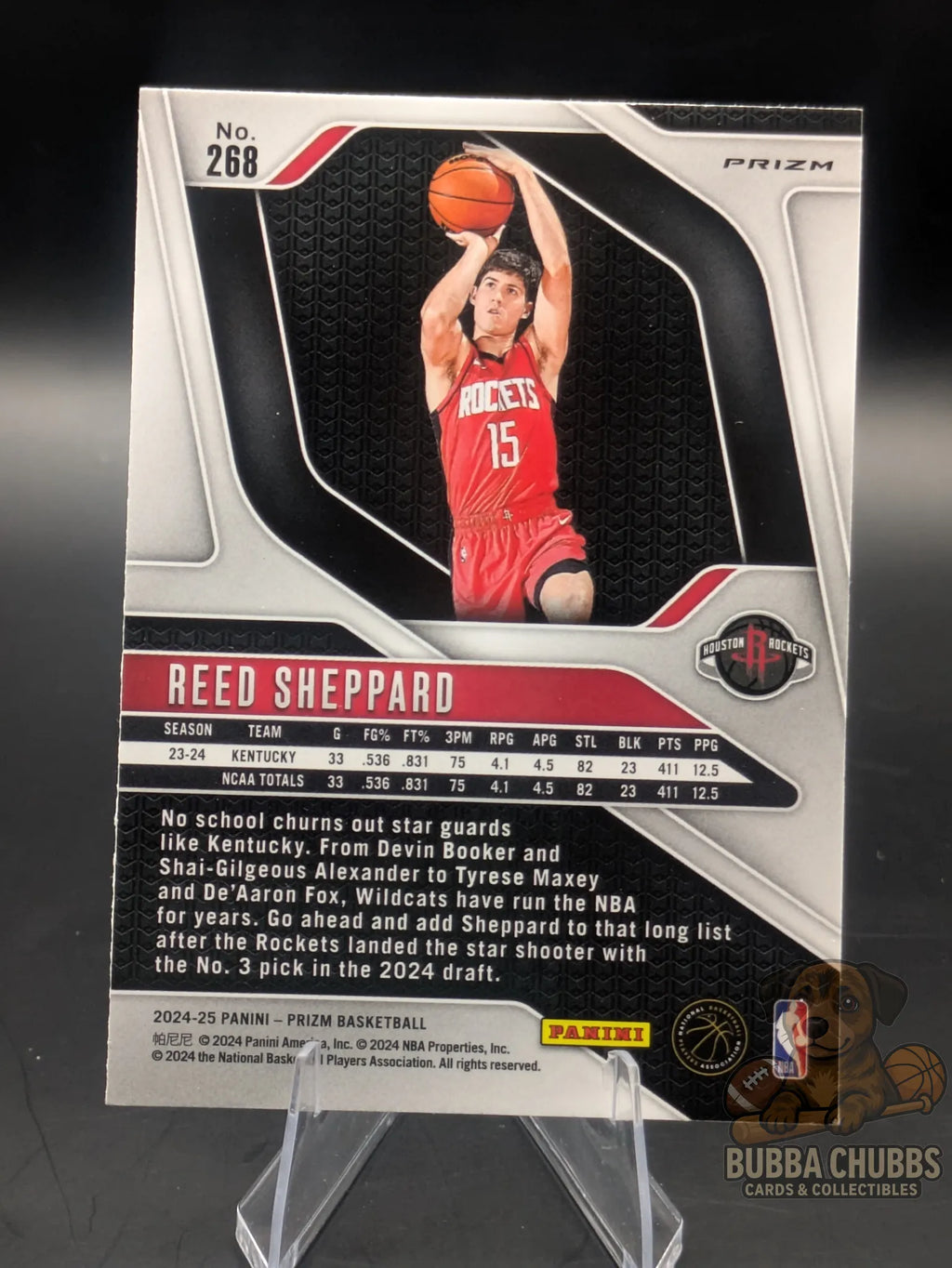 Basketball rookie trading card featuring Reed Sheppard of the Houston Rockets Panini Prizm Silver Cracked Ice