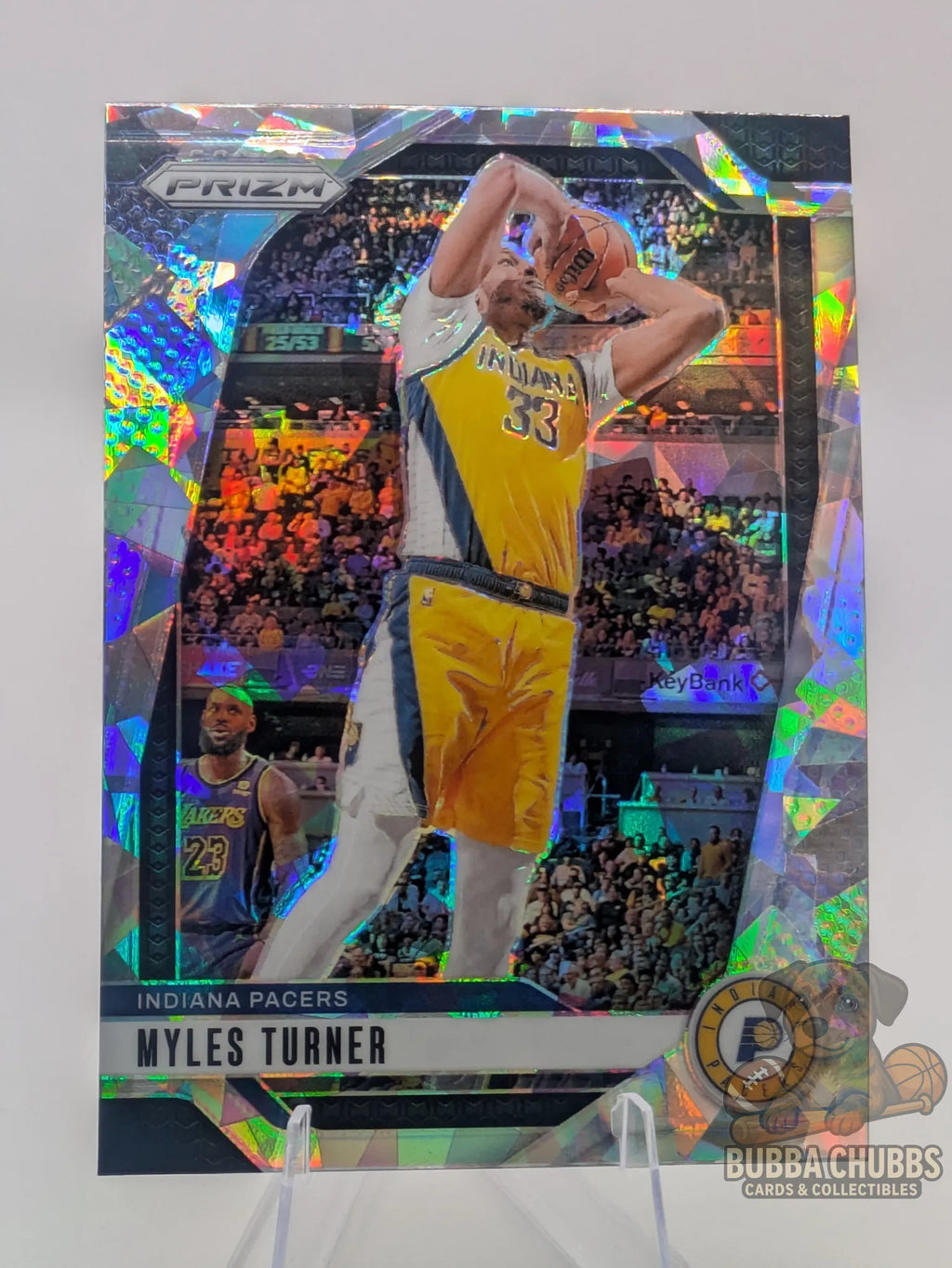 Basketball trading card featuring Myles Turner of the Indiana Pacers Panini Prizm Silver Cracked Ice