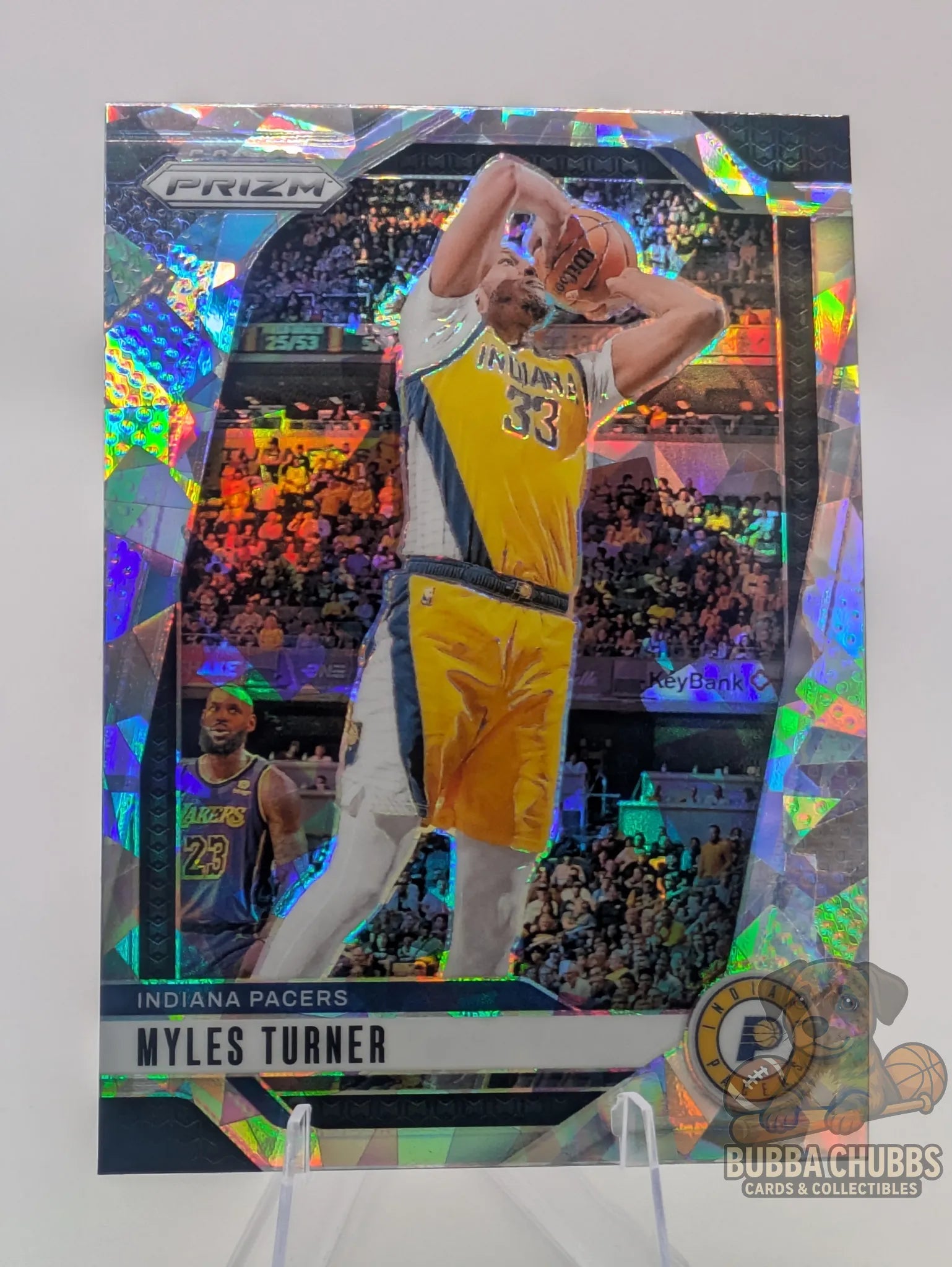 Basketball trading card featuring Myles Turner of the Indiana Pacers Panini Prizm Silver Cracked Ice