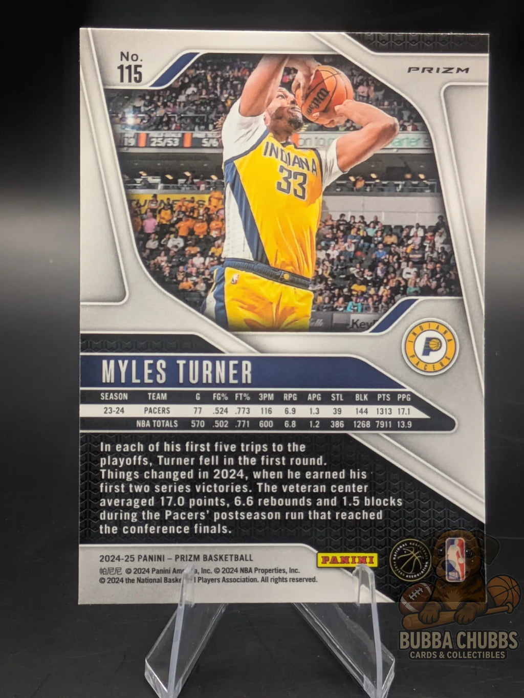 Basketball trading card featuring Myles Turner of the Indiana Pacers Panini Prizm Silver Cracked Ice