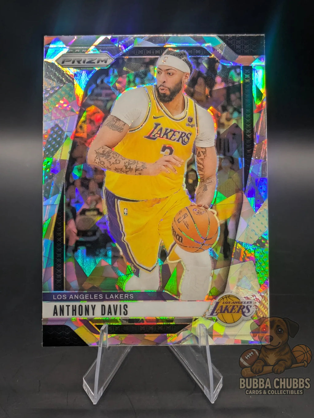 Basketball trading card featuring Anthony Davis of the Los Angeles Lakers Panini Prizm Silver Cracked Ice